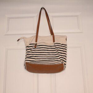 Collection XIIX Striped Cotton Canvas Tote Bag Cream Navy Tan Zipper Top